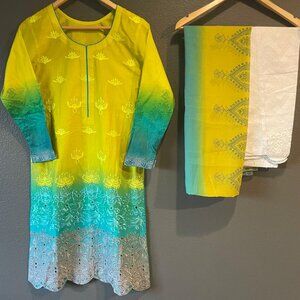 Vibrant Ombre Embroidered Kurta with Matching Dupatta